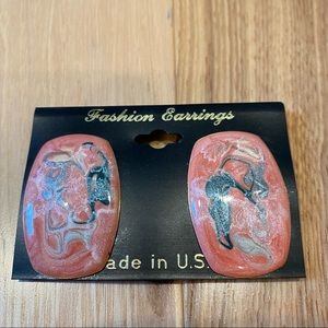 Vintage Swirl Pink, Cream and Teal Shimmer Enamel Clip On Earrings